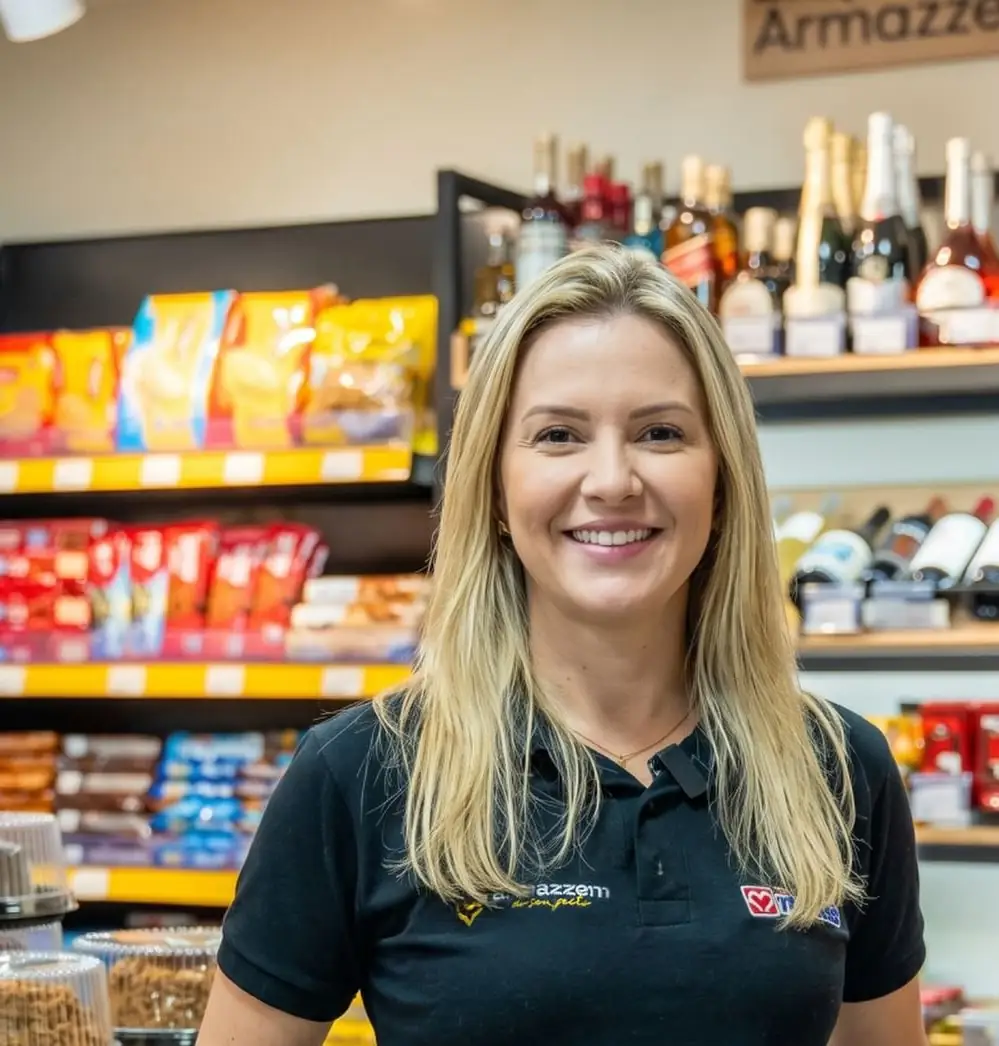 Colaboradora de uniforme Armazzem sorrindo dentro da loja