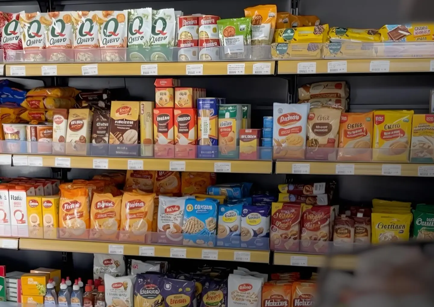 Gôndolas de uma loja Armazzem cheias de mercearia: biscoitos, massas, temperos e café da manhã